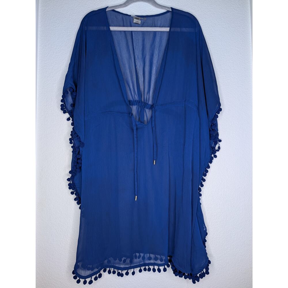 Beau Rod Beattie Blue Tassel Swimsuit Coverup L Boho Summer Travel Chic Sheer